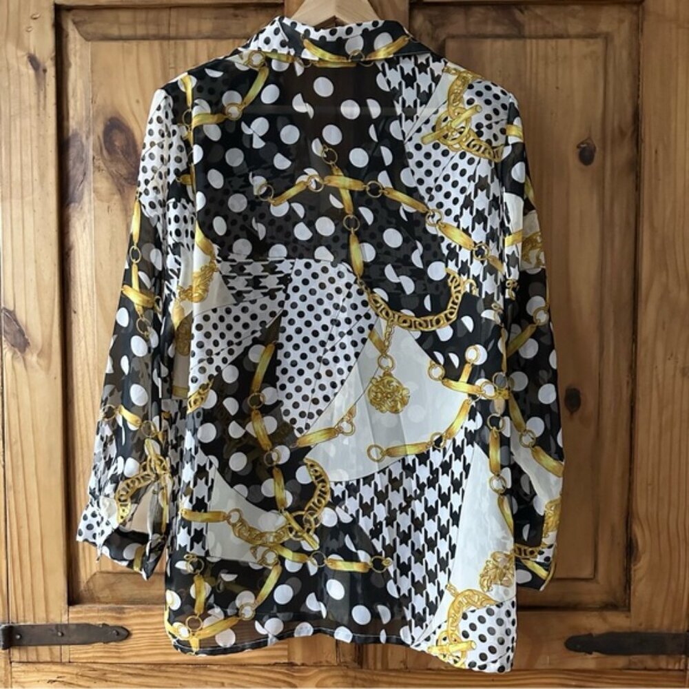 Vintage 90’s Button Up Shirt Polka Dots Gold Chains Black Yellow White - M - Picture 11 of 16